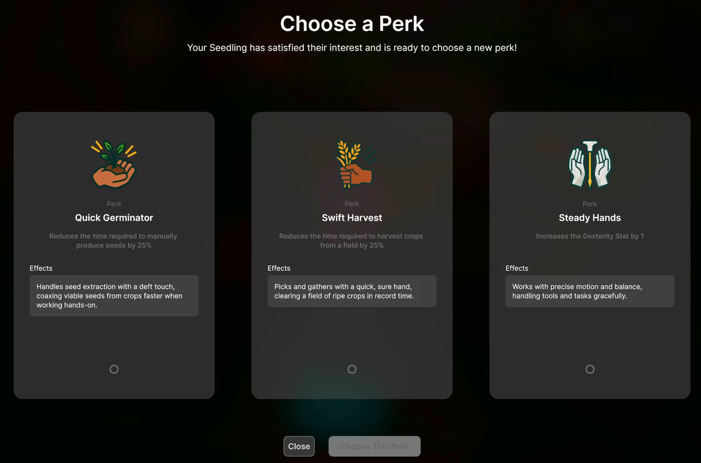 choose perk dialog
